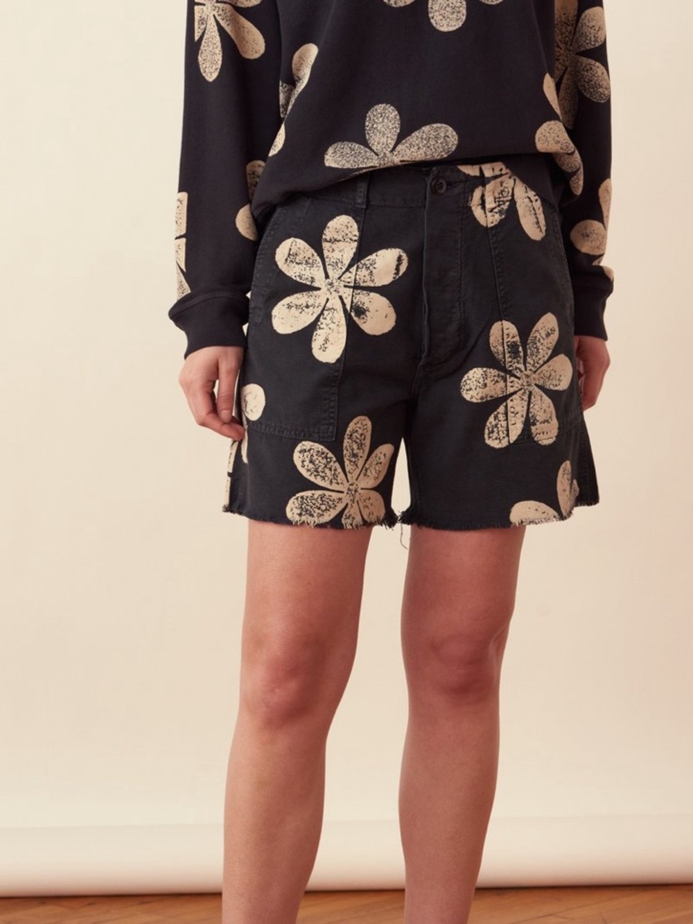 THE GREAT. Black Floral Shorts
